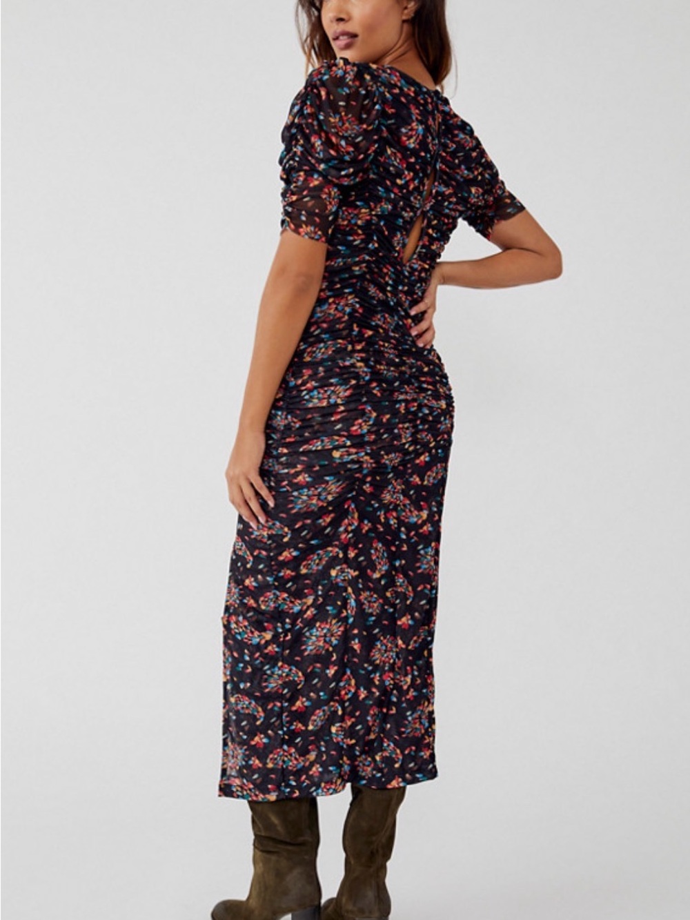 Free People Briella Ruched Mesh Midi Dress -"Twilight Combo" print, euc, sz M - Picture 3 of 16